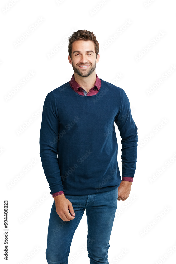 Fototapeta premium Portrait, fashion and smile with man on png background for cool, handsome and attractive. Trendy, happy and confident with male isolated on transparent for carefree, cheerful and elegant style