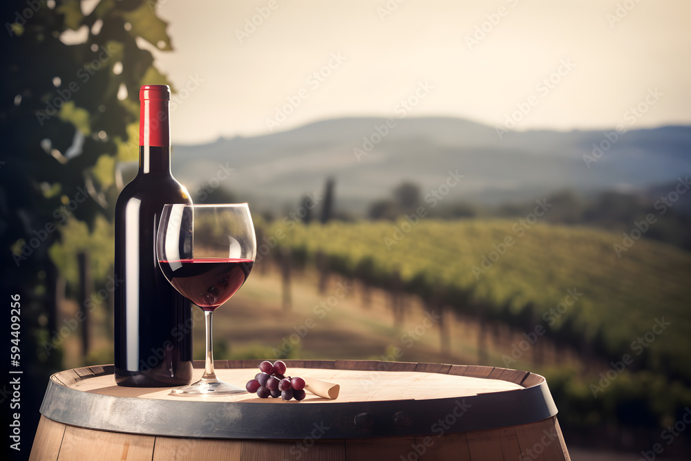 Red wine bottle, wine glass on wodden barrel