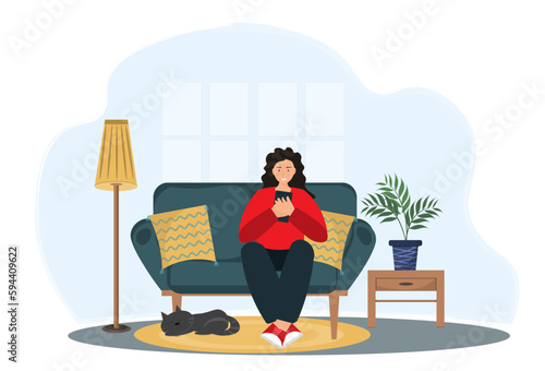 Young woman sitting with mobile phone at home, chatting online concept, freelance work concept, domestic life concept, flat vector illustration