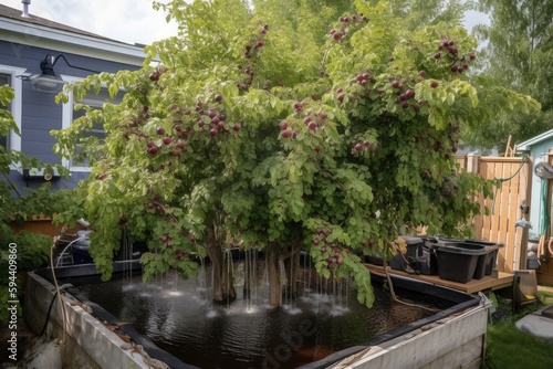 chokecherry tree surrounded by aquaponics and hydroponic systems, created with generative ai photo