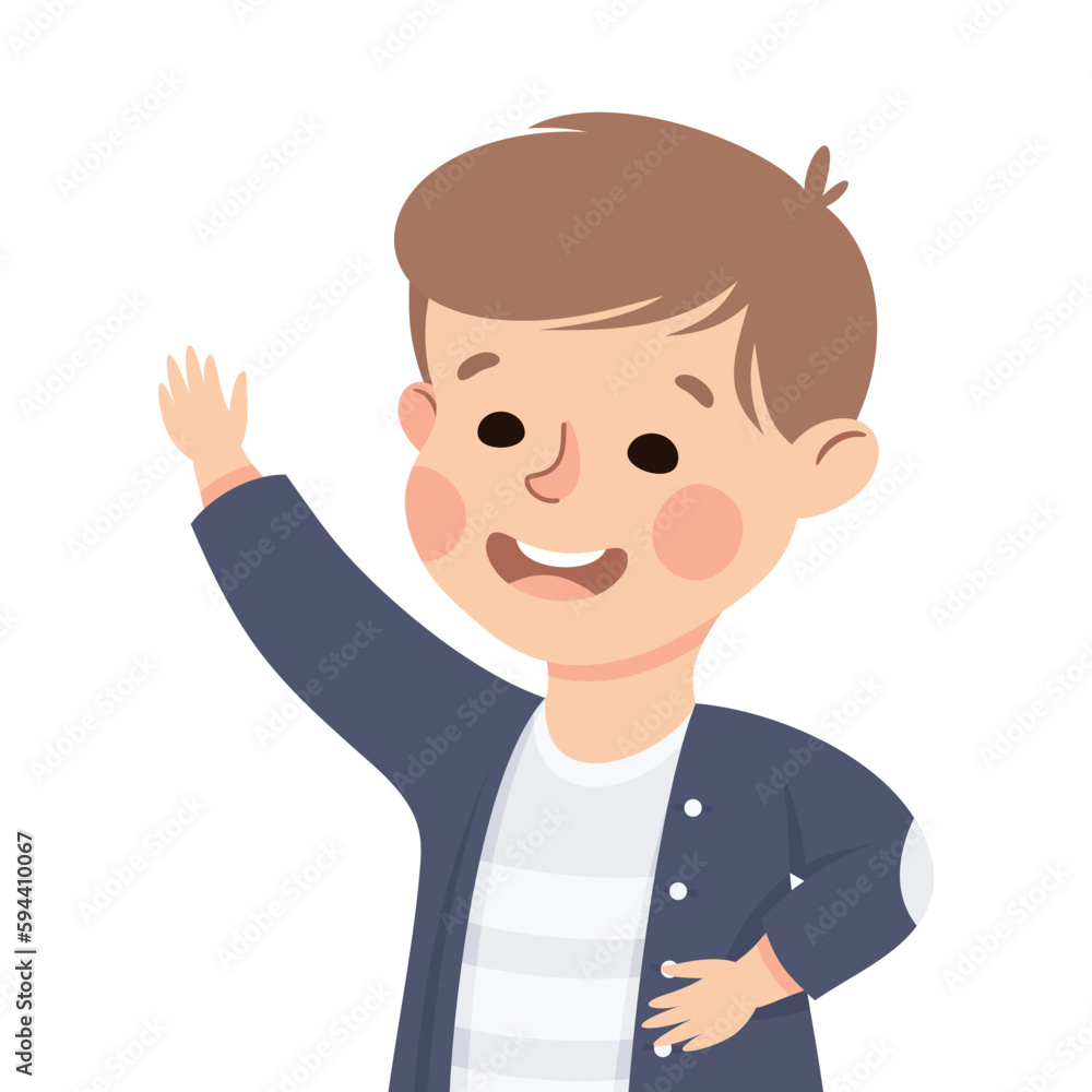 Happy Boy with Raised Up Hand Smiling Vector Illustration Happy Boy with Raised Up Hand Smiling Vector Illustration