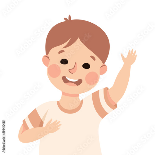 Happy Boy with Raised Up Hand Smiling Vector Illustration