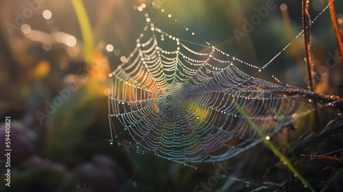 A stunning and intricate shot of a spiderweb glistening with morning dew.
