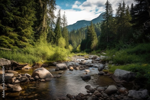 babbling brook with forest and mountain views in the background, created with generative ai