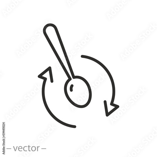 stirring teaspoon icon, arrows spin with spoon, thin line symbol on white background - editable stroke vector illustration eps10