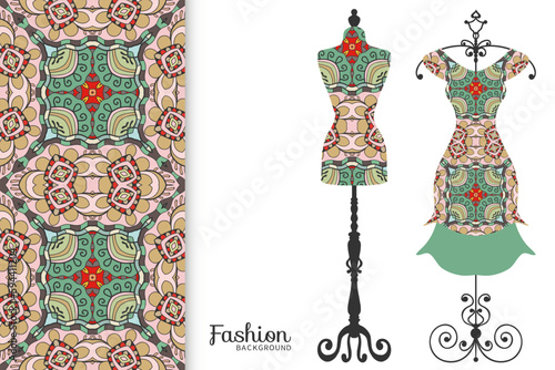 Vector fashion illustration. Vintage tailor dummy, dress model, colorful seamless pattern for textile fabric, paper print, invitation, business card design. Boho style isolated clothes collection