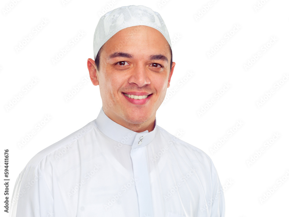 Portrait, muslim and religion of islamic man with smile isolated on a transparent png background. Faith, belief in god or devotion to Eid, worship or ramadan of male arab in holy tradition or culture Portrait, muslim and religion of islamic man with smile isolated on a transparent png background. Faith, belief in god or devotion to Eid, worship or ramadan of male arab in holy tradition or culture