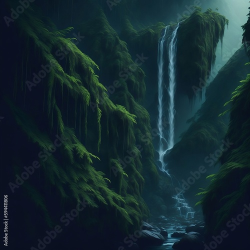 Abstract Green Tree Forest with Mountain Background Wallpaper Illustration Design
