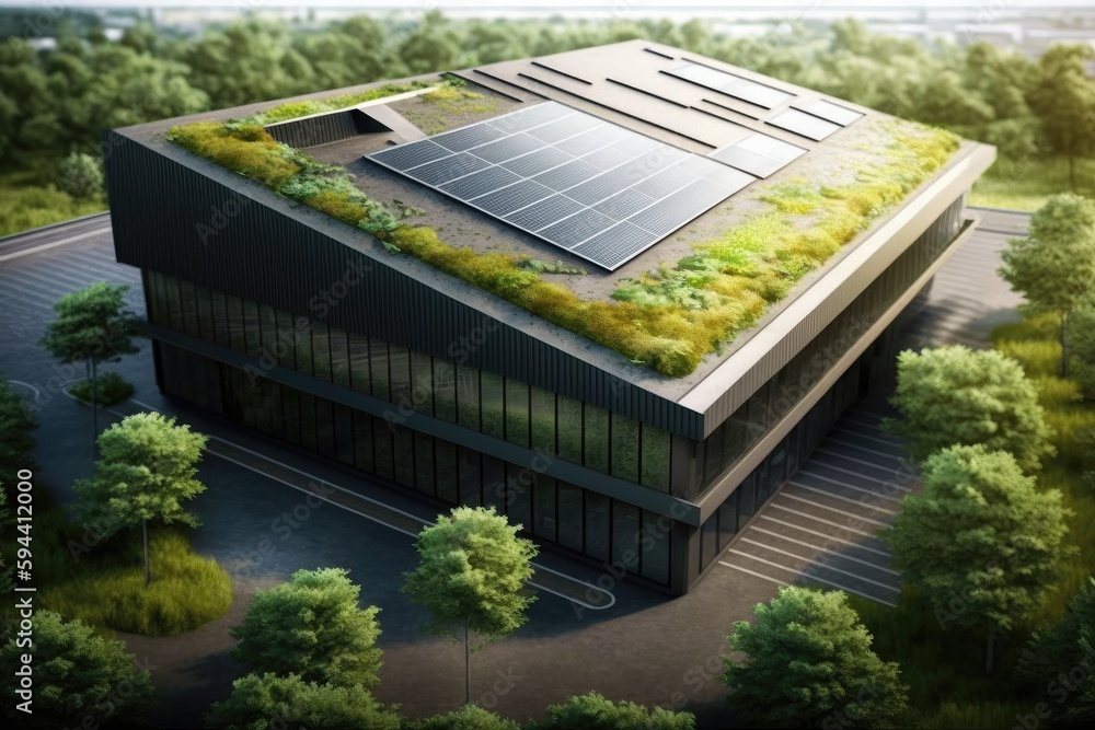 green roof and solar panels on eco-friendly factory building, created with generative ai - obrazy, fototapety, plakaty 