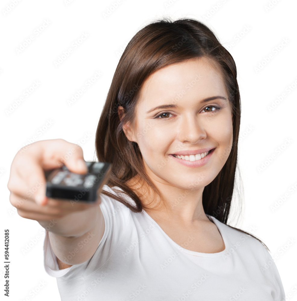 Happy smiling woman with tv remote control Happy smiling woman with tv remote control