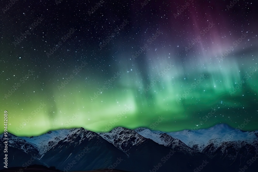 aurora borealis and australis over mountain range with starry night sky