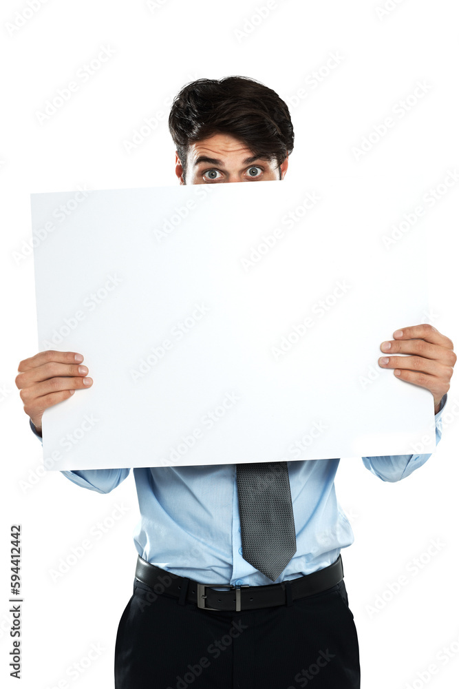 Business man, portrait and surprise with poster isolated on a transparent png background. Copy space, peek and person with banner or blank board for advertising mockup, marketing or promotion placard Business man, portrait and surprise with poster isolated on a transparent png background. Copy space, peek and person with banner or blank board for advertising mockup, marketing or promotion placard