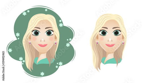 Cartoon blonde girl with long hair and green eyes for an avatar in a decorative frame and on a white background