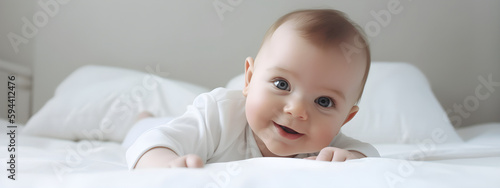 one European smiling newborn baby looking at the camera and smiling on a white bad blanket on colorful yellow background Generative AI