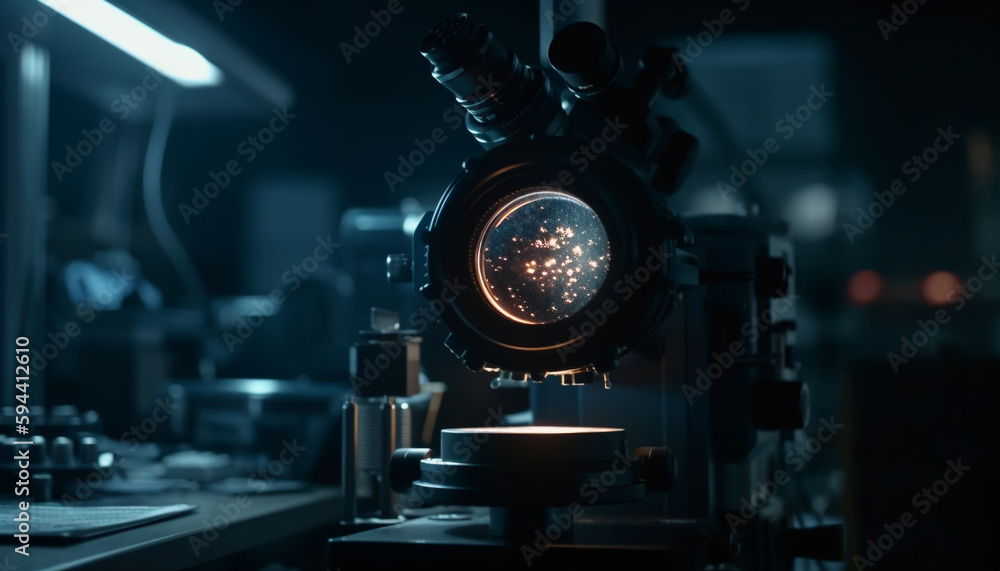 Fototapeta premium Shiny metallic machinery illuminates modern automated factory night generated by AI