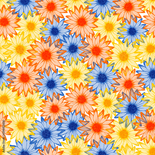 Red yellow blue camomile daisy flowers vibrant summer vector seamless pattern.