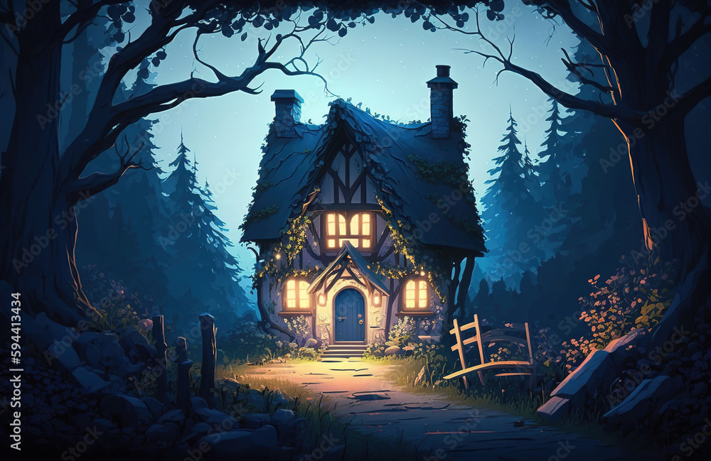 a small house in the middle of a forest,fantasy art, night forest 