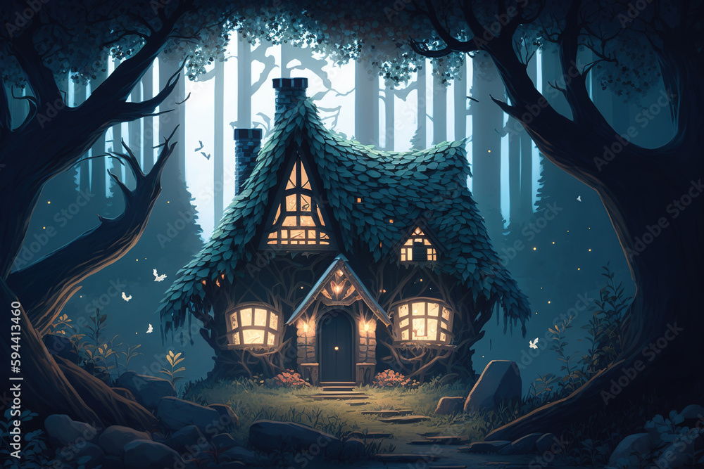 a small house in the middle of a forest,fantasy art, night forest 