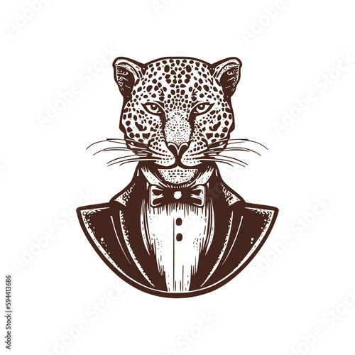 Vintage logo of a leopard head. an old-school logo of a jaguar wearing a tuxedo. Aesthetic retro logo of a panther wearing a bowtie isolated on white background. vector logo.