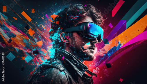 concept collage design with man wearing VR headset floating colorful neon splashes, generative ai 