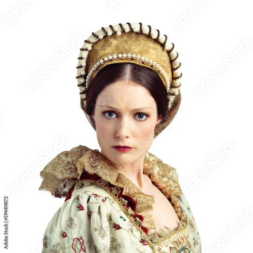 Queen, portrait and woman in royal fashion on isolated, transparent or png background. Theatre, face and lady with crown, vintage or clothing for medieval, show or rehearsal in Shakespeare aesthetic photo