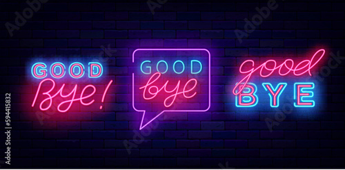 Good bye neon signs collection. Farewell concept. Leaving text. Shiny banners. Editing stroke. Vector stock illustration