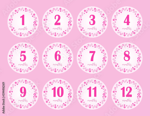 12 months stickers for the first year of the baby girl's life. Pink background with flower frame Vector design.