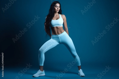 Fitness model woman with a blue background Generative iA