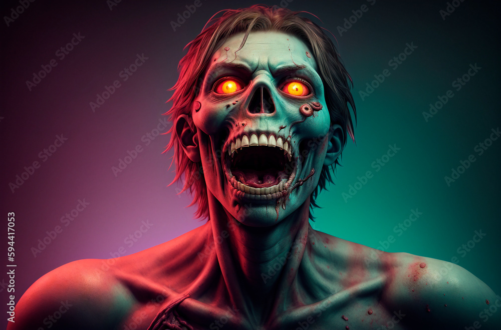 Creepy zombie. Portrait of ugly screaming monster on bright background. Generative AI. Creepy zombie. Portrait of ugly screaming monster on bright background. Generative AI.