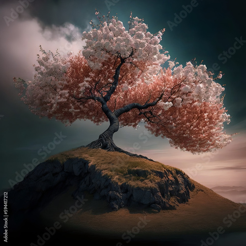 Cherry Blossom Tree on a hill, generated with AI