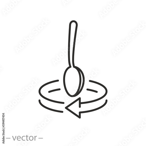arrows spin with spoon icon, cooking drink instruction, stirring teaspoon, thin line symbol on white background - editable stroke vector illustration eps10