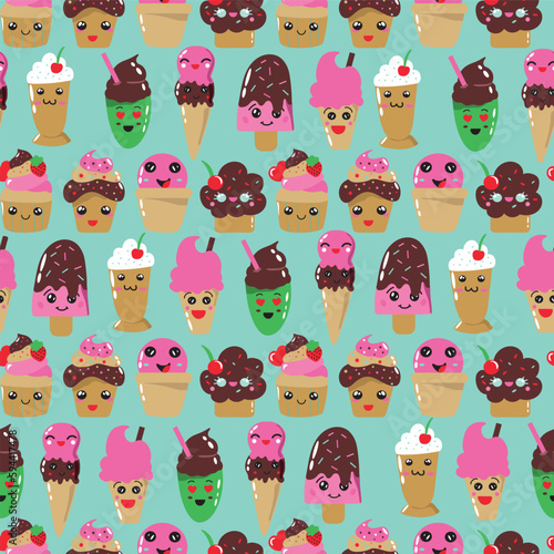 Light blue Kawaii sweets seamless pattern background. Kawaii ice cream, cupcakes, and milkshakes.