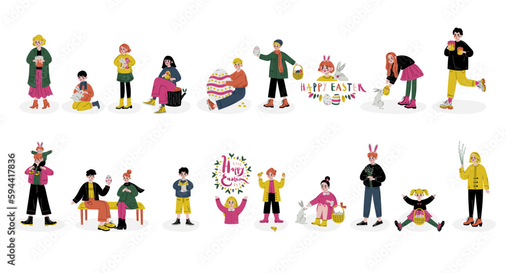 Happy Easter with People Character with Decorated Eggs, Willow Branch and Bunny Vector Set