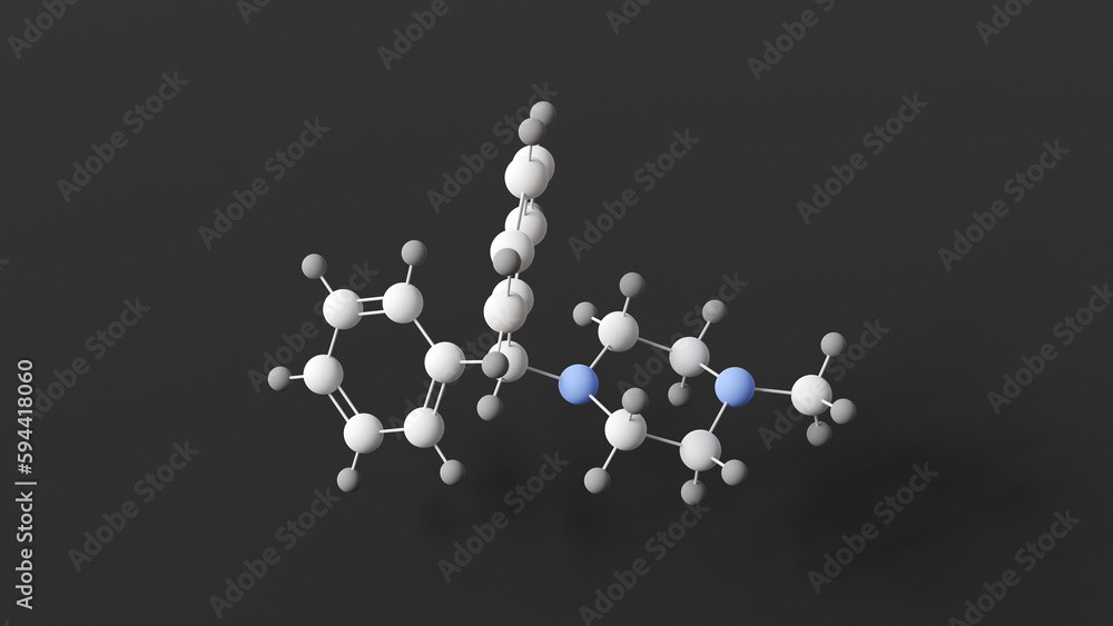 cyclizine molecule, molecular structure, anticholinergic antiemetics, ball and stick 3d model, structural chemical formula with colored atoms cyclizine molecule, molecular structure, anticholinergic antiemetics, ball and stick 3d model, structural chemical formula with colored atoms