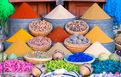 many colorful spices on a street shop in marrakech, morocco