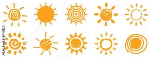 Set of doodle sun icons. Vector illustration isolated on white background