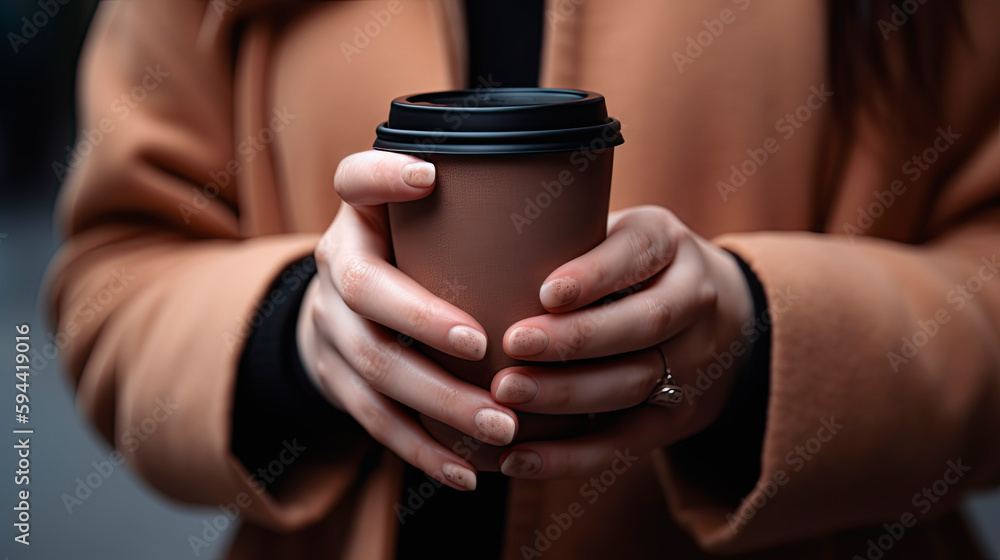 Female hands hold reusable coffee mug. Sustainable lifestyle. Eco friendly concept. Female hands hold reusable coffee mug. Sustainable lifestyle. Eco friendly concept.