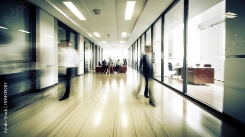 Busy office and commercial floor, people walking on a busy office floor, motion blurr 