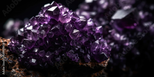 vibrant hues and intricate geometric patterns of an amethyst cluster, generative ai