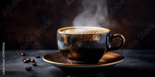 steaming cup of espresso captures the rich, dark liquid and the velvety layer of crema on top, generative ai