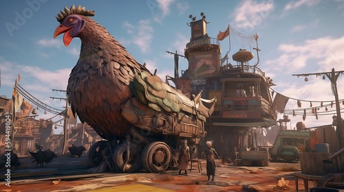 A post-apocalyptic wasteland, but with a comedic twist - instead of being desolate and bleak, it is filled with colorful and absurd sights, such as a giant mutated chicken wearing a top hat and  photo