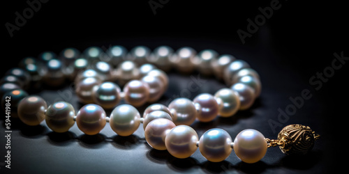pearl necklace emphasizes the subtle iridescence and natural texture of each individual pearl, generative ai