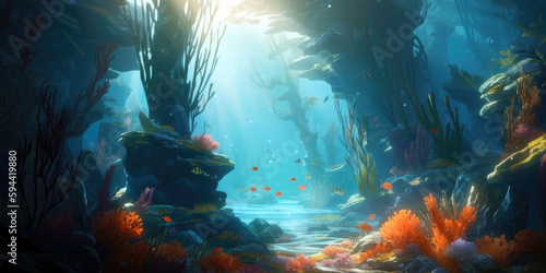 underwater scene with shafts of sunlight filtering through the deep blue water  illuminating the vibrant coral and tropical fish  generative ai