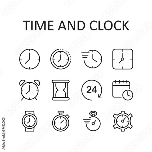 Time and clock icon set. Contains such Icons as watch, calendar, alarm and more . Line style design. Vector graphic illustration. Suitable for website design, app, template, ui