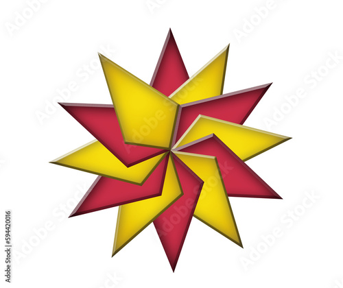 Red-yellow sharp object. Polygon isolated on white. Geometric figure