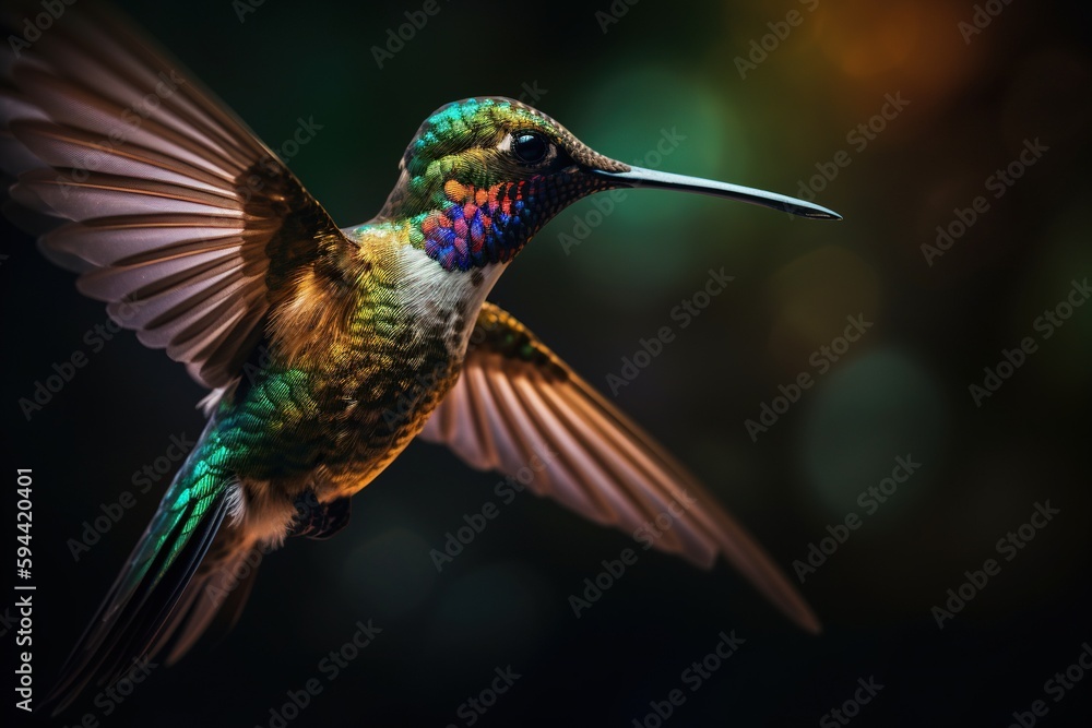 Obraz premium Hovering Hummingbird: Close-up of Radiant Iridescent Feathers. Generative AI.