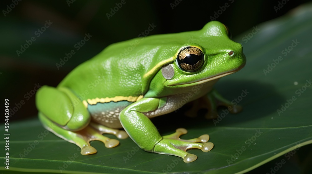 Green Tree Frog Perched on Vibrant Leaf. Generative AI. Green Tree Frog Perched on Vibrant Leaf. Generative AI.