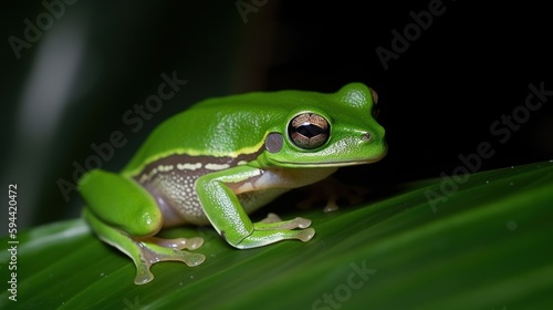 Green Tree Frog Perched on Vibrant Leaf. Generative AI. © Henry Letham