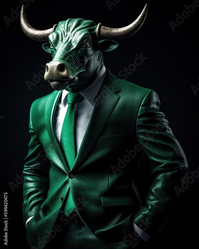 Green Bull in Business Suit: Financial Success and Stock Market Growth Concept. Generative AI.