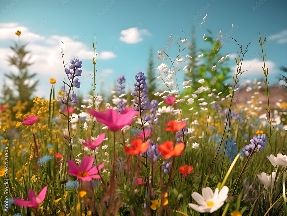 Fototapeta premium Colorful flowers on a spring meadow.Generative ai.